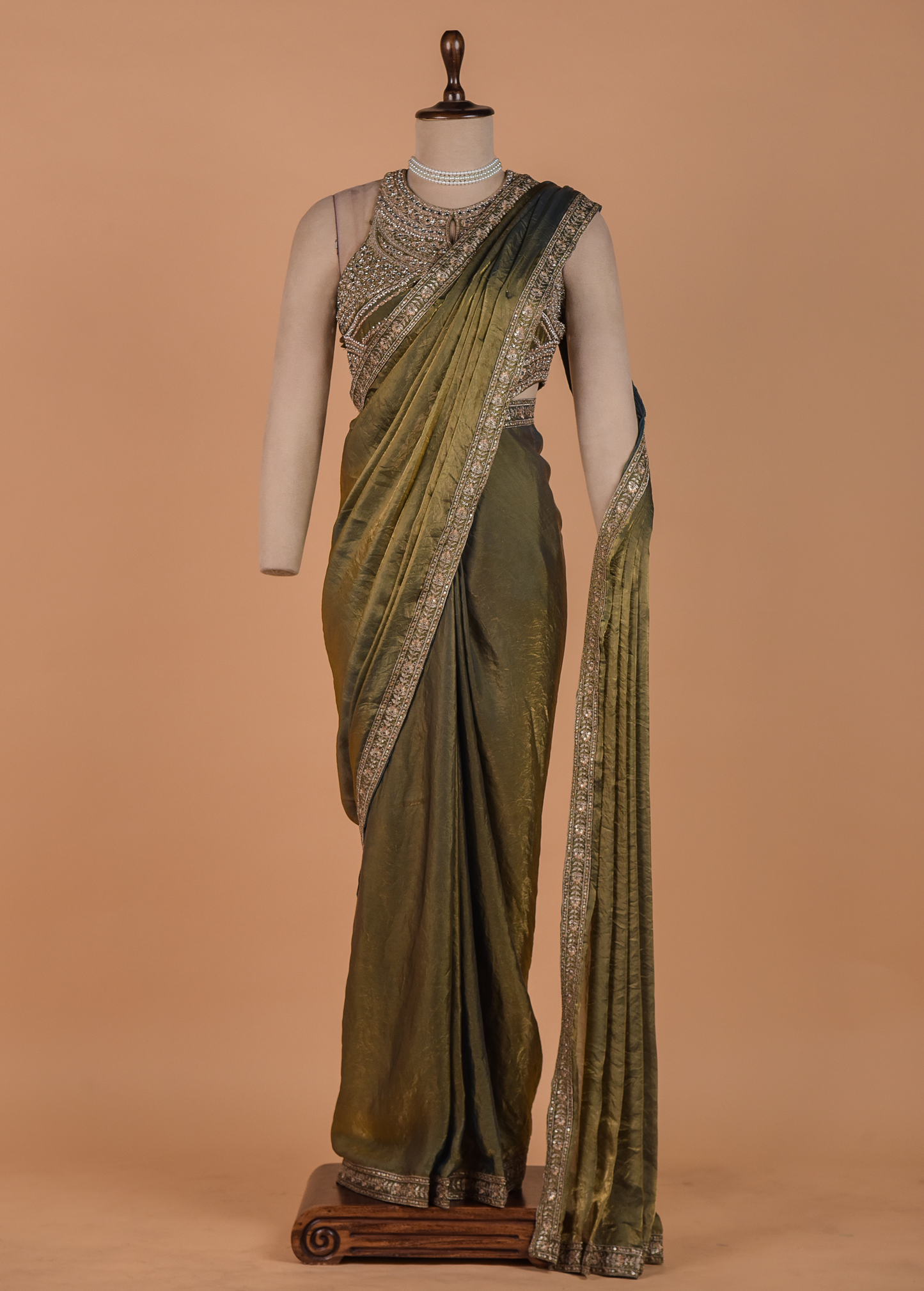 Green Tissue Georgette Readymade Saree