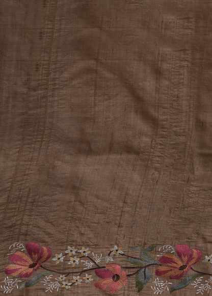 Brown Tussar Embroidered Saree