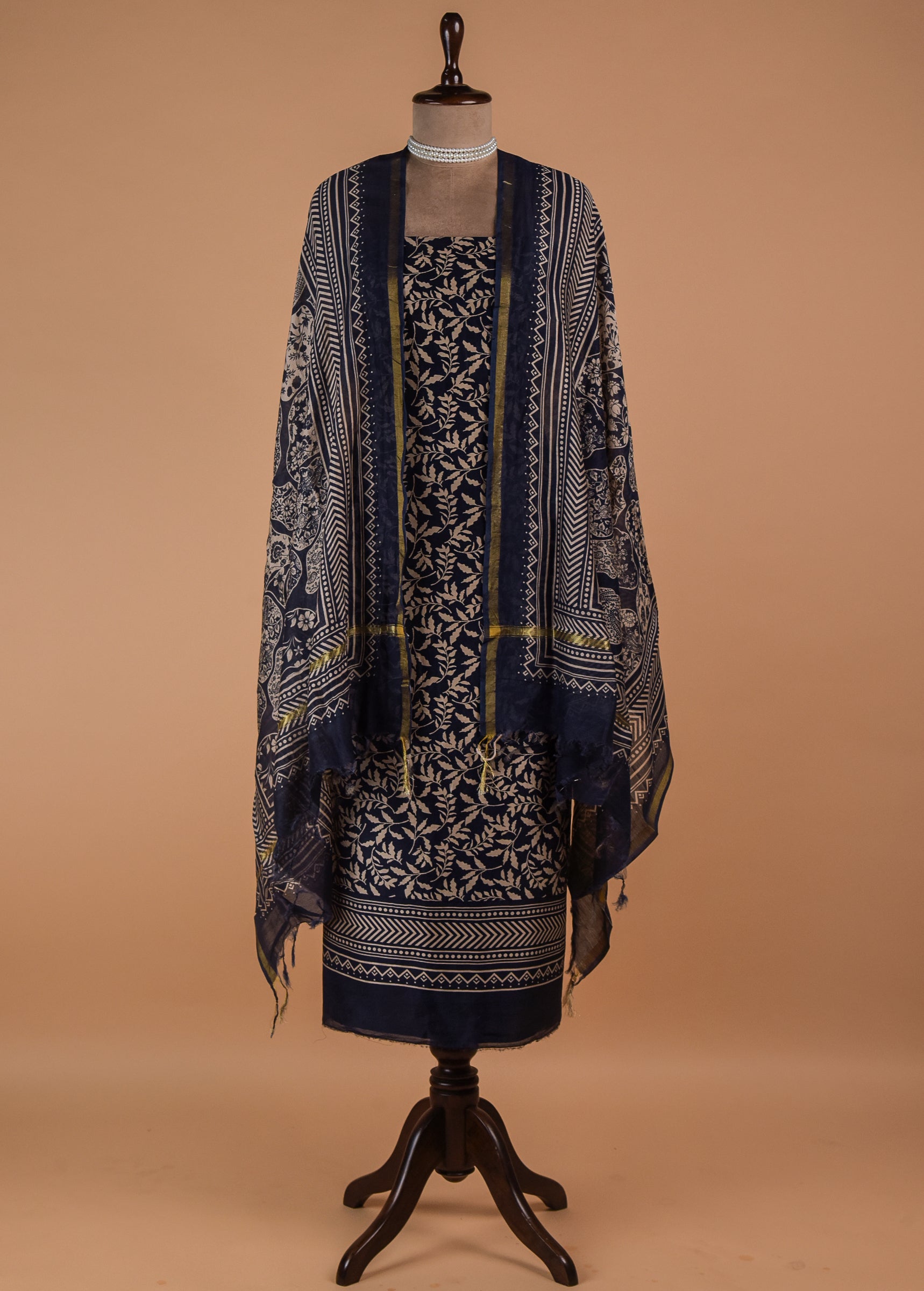 Blue Chanderi Cotton Dress Material