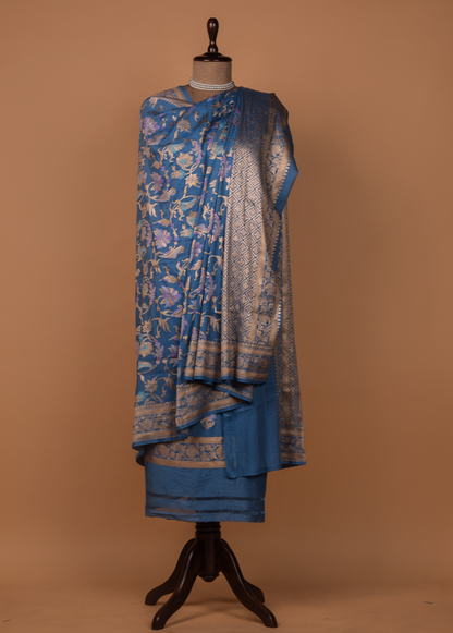 Blue Munga Tussar Silk Dress Material