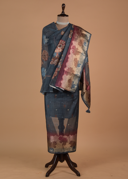 Blue Chanderi Cotton Dress Material