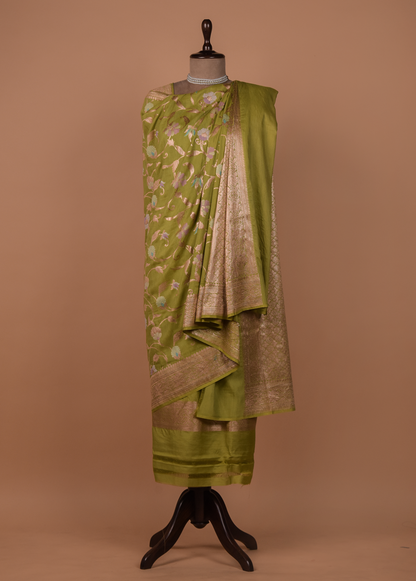 Green Munga Tussar Silk Dress Material
