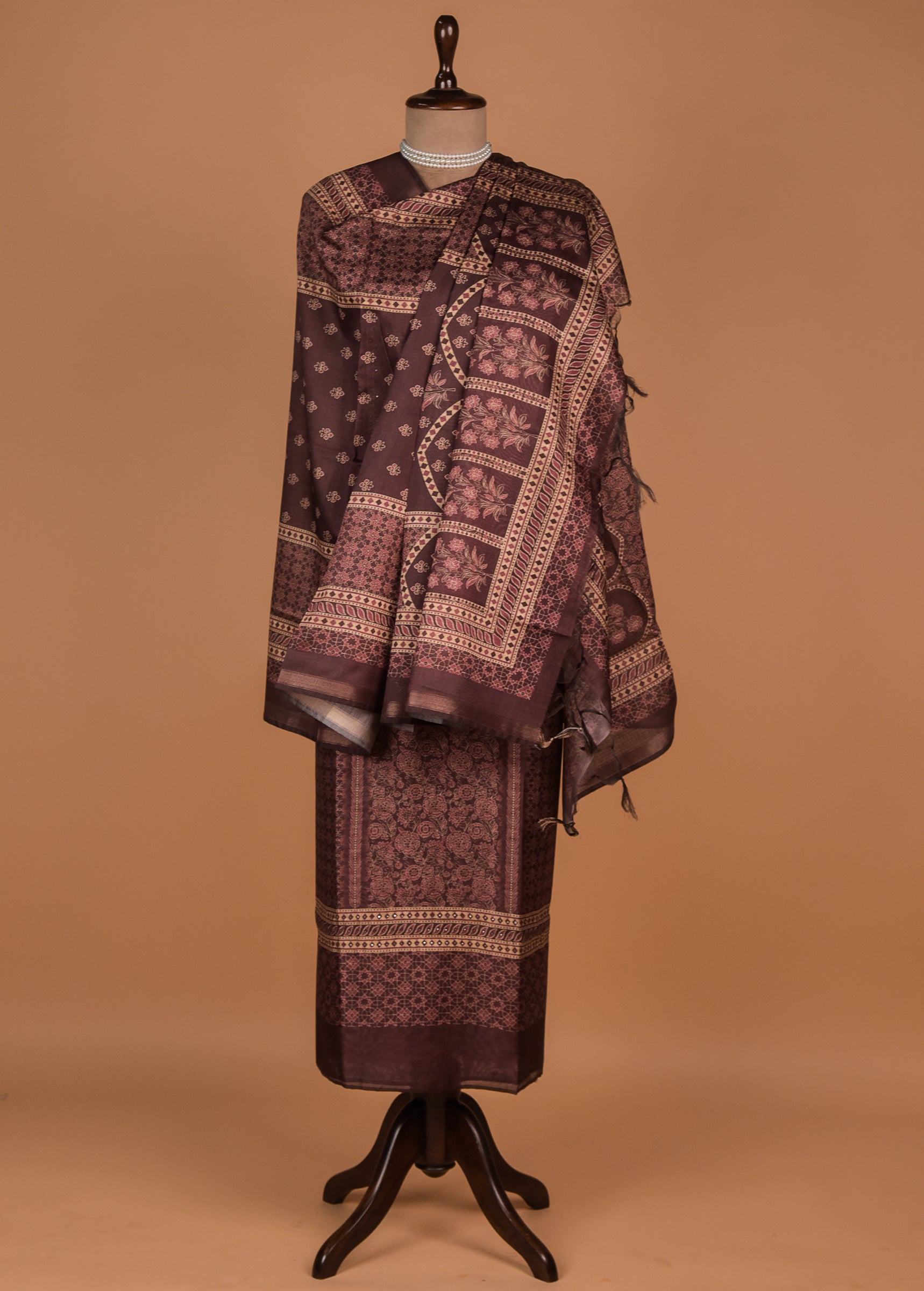 Wine Tussar Cotton Dress Material