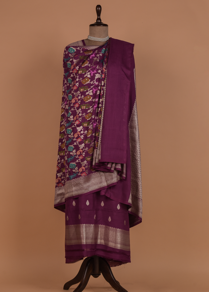 Wine Munga Tussar Silk Dress Material