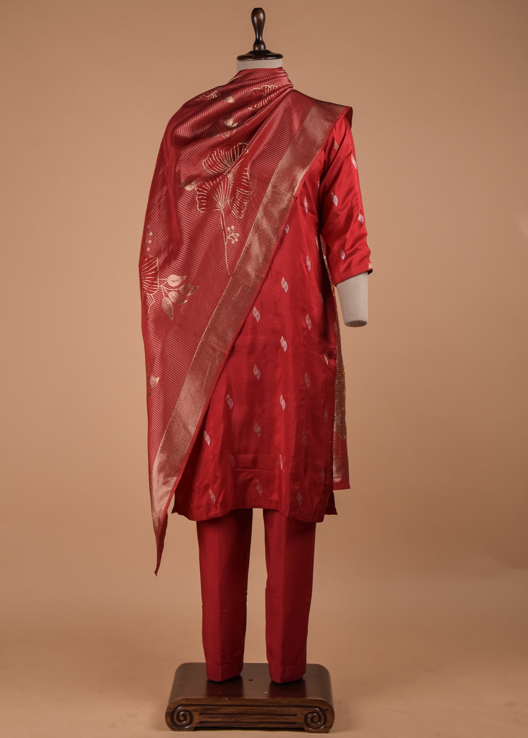 Red Cotton Silk Straight Set