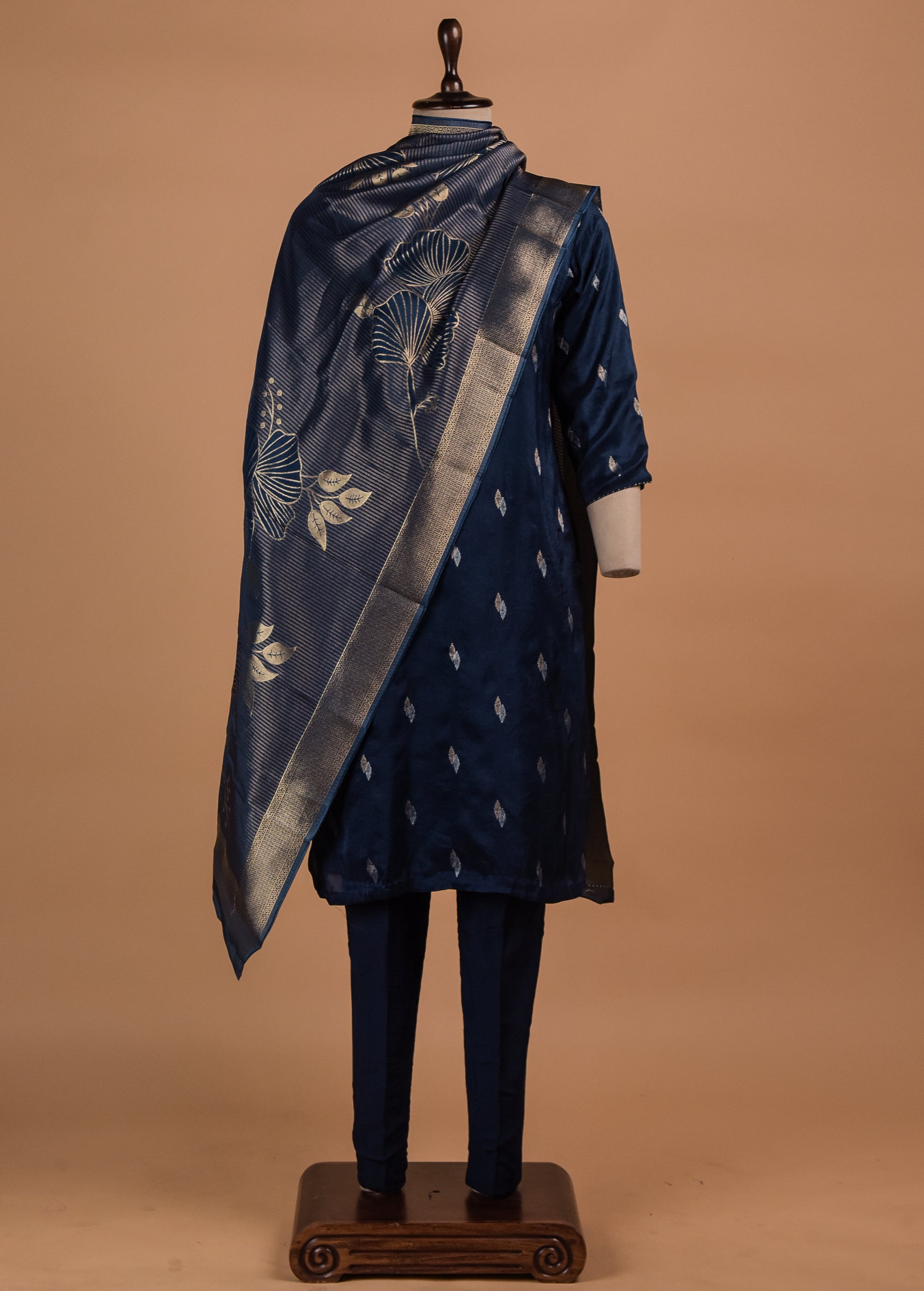 Blue Cotton Silk Straight Set