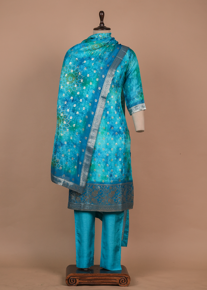 Blue Cotton Silk Straight Set