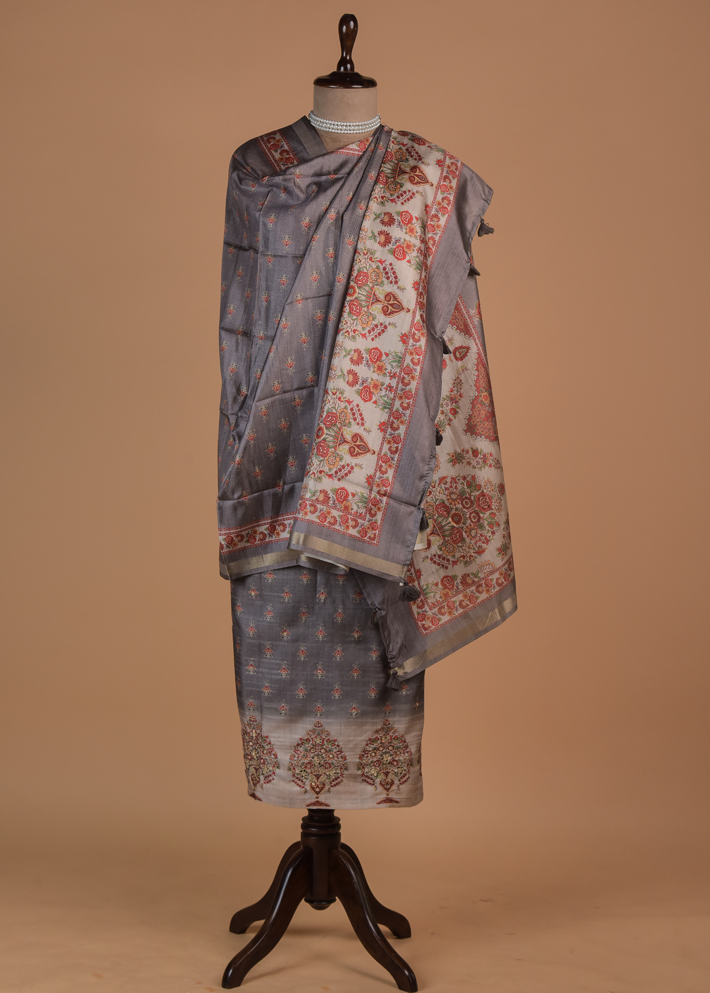 Grey Cotton Tussar Dress Material