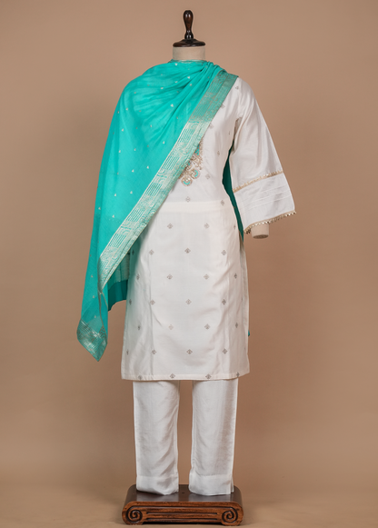 White Cotton Silk Straight Set
