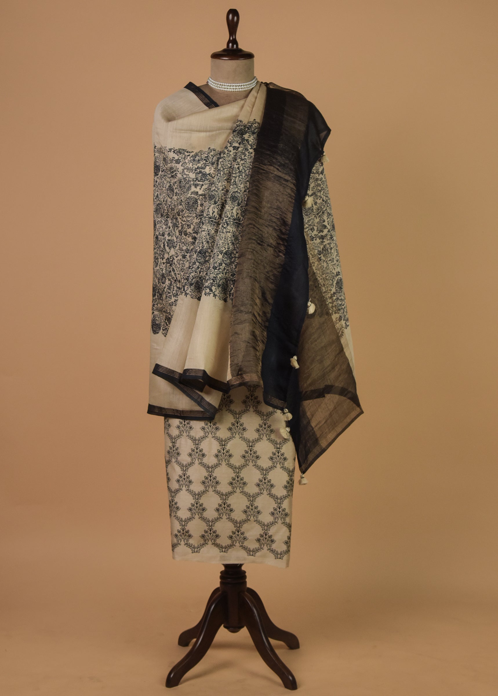 Cream Munga Tussar Dress Material
