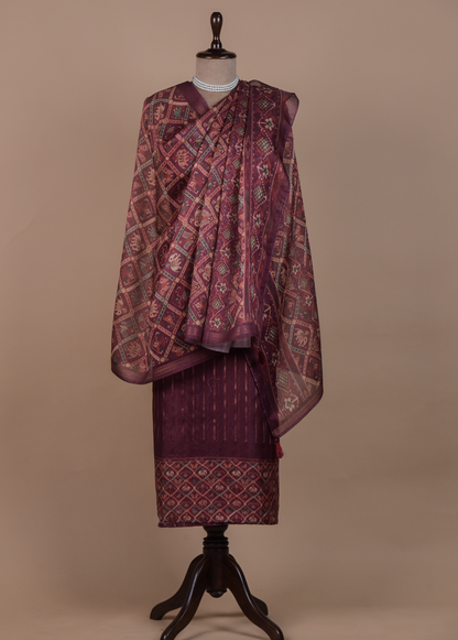 Wine Chanderi Cotton Dress Material