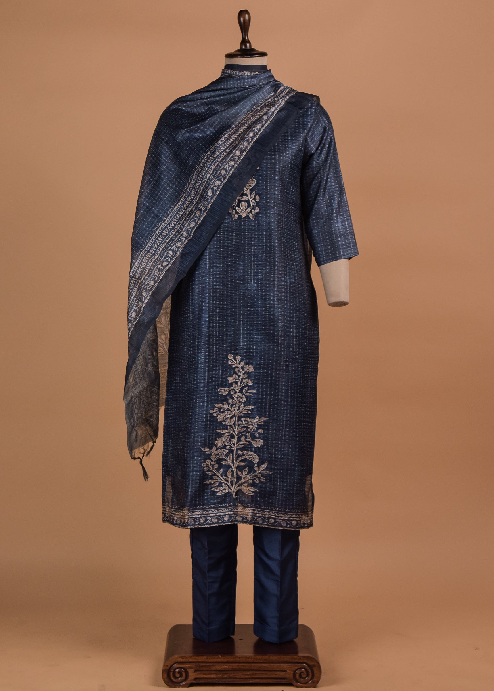 Blue Cotton Silk Straight Set