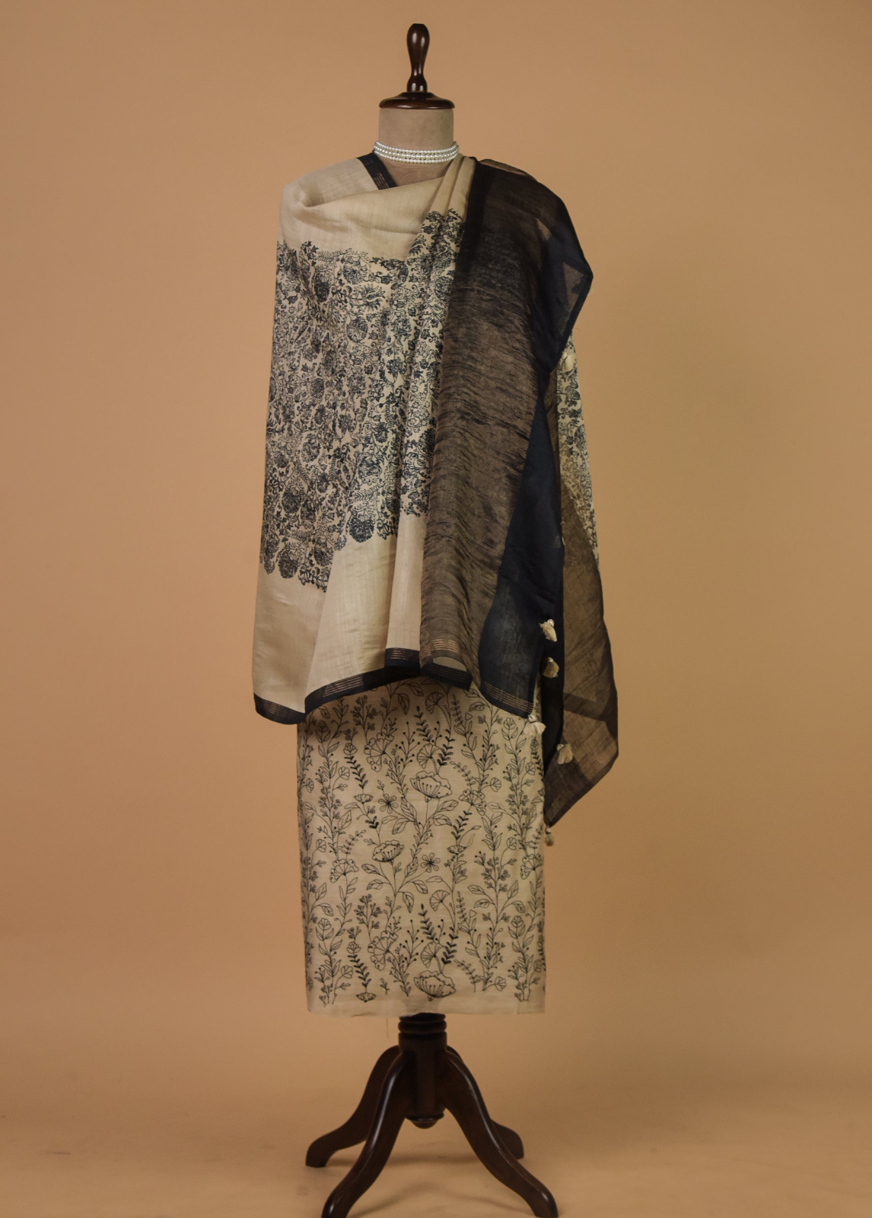 Cream Munga Tussar Dress Material