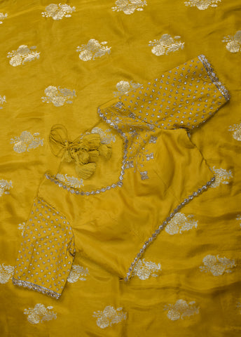 Yellow Chinia Silk Embroidered Saree