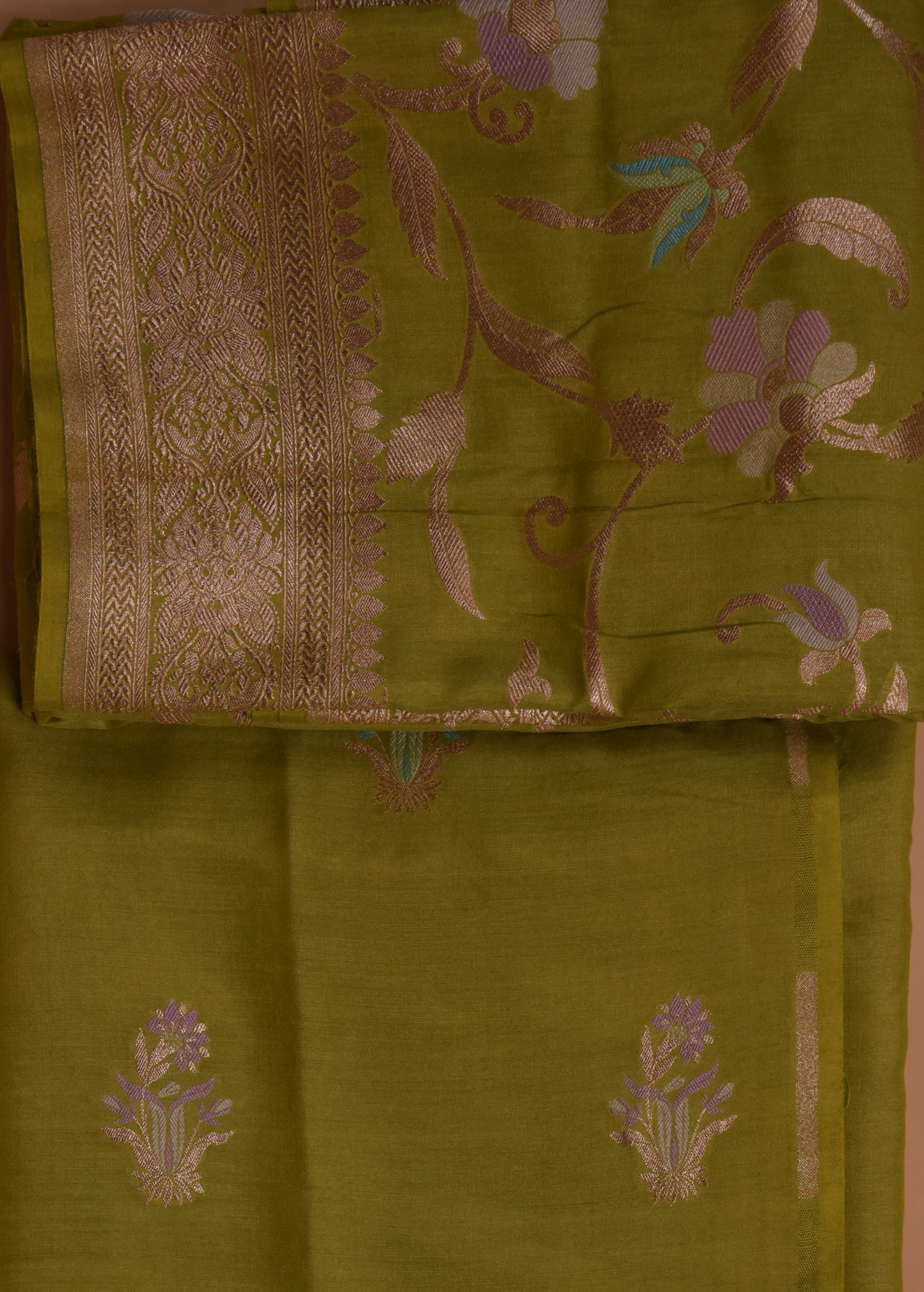 Green Munga Tussar Silk Dress Material