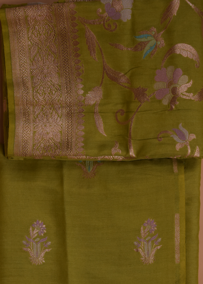 Green Munga Tussar Silk Dress Material