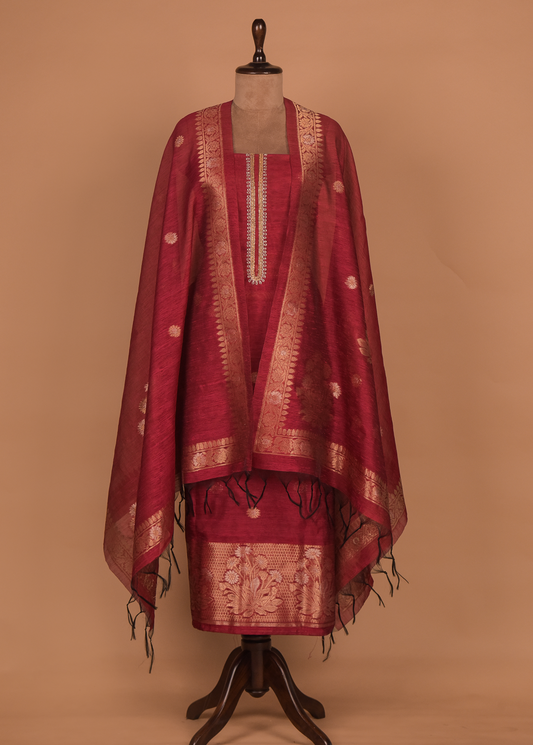 Red Cotton Tussar Dress Material