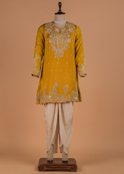 Yellow Crepe Silk Dhoti Kurta Set