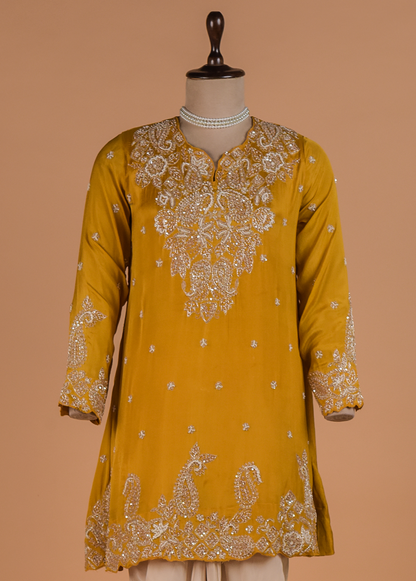 Yellow Crepe Silk Dhoti Kurta Set