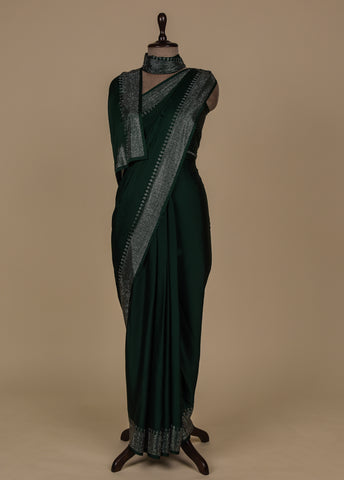 Green Satin Crepe Embroidered Saree