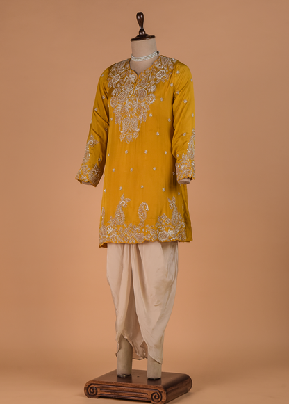 Yellow Crepe Silk Dhoti Kurta Set