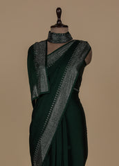 Green Satin Crepe Embroidered Saree