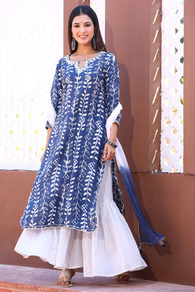 Blue Muslin Cotton Sharara Set