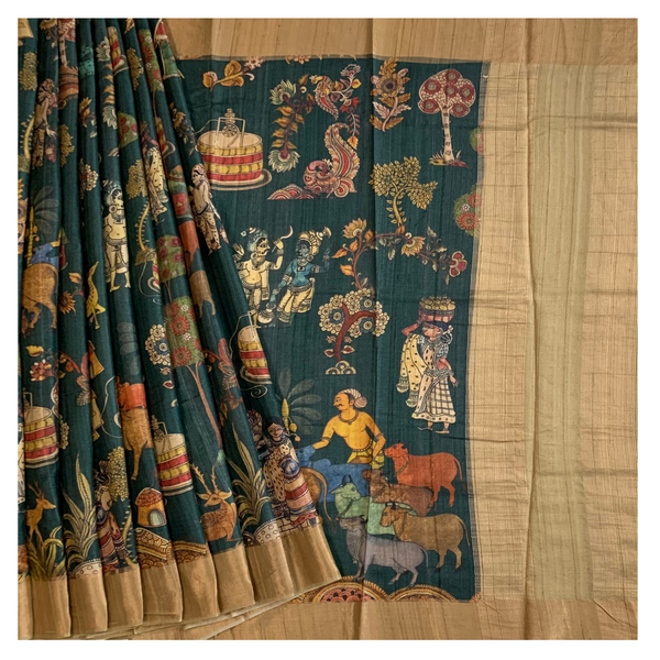 Green Tussar Printed Kalamkari Saree
