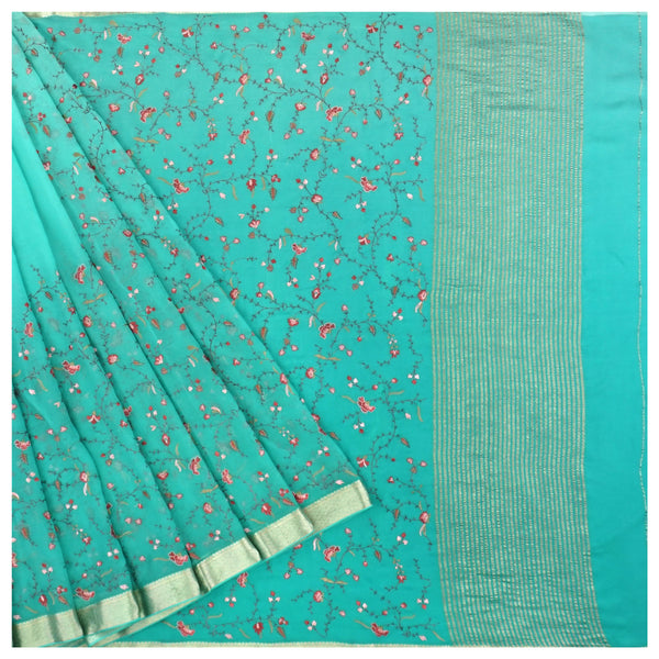 Blue Chiffon Embroidered Saree