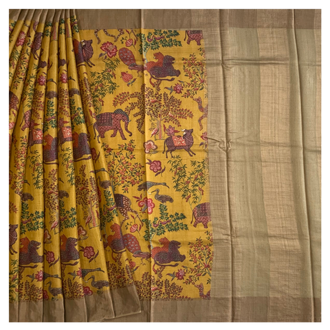 Yellow Tussar Printed Saree
