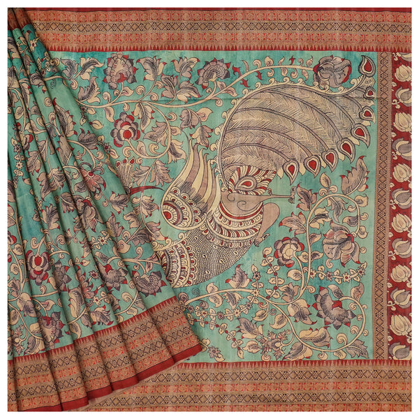 Blue Tussar Silk Printed Kalamkari  Saree