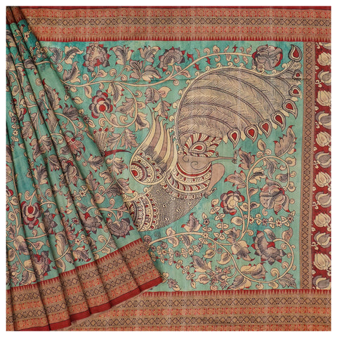 Blue Tussar Silk Printed Kalamkari  Saree
