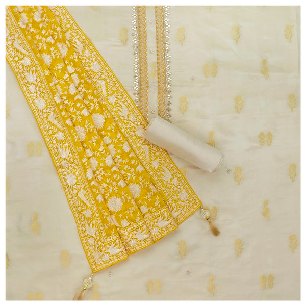 Cream Semi Silk Dress Material