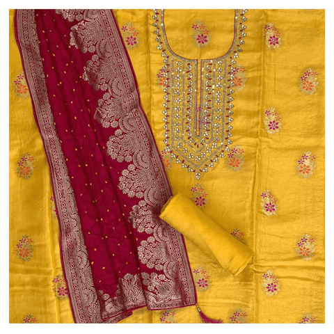 Stunning Yellow Weaving Dress Material Suit