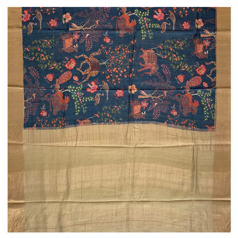 Blue Tussar Printed Saree