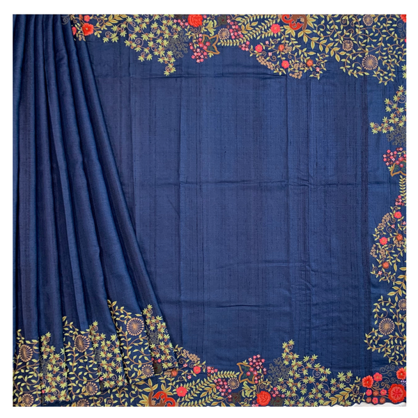 Blue Tussar Designer/embroidery Saree