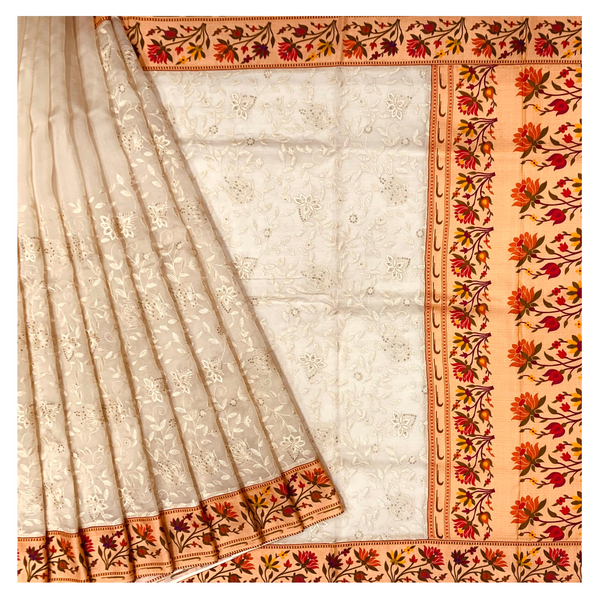 Cream Organza Embroidered Saree With Paithni Border