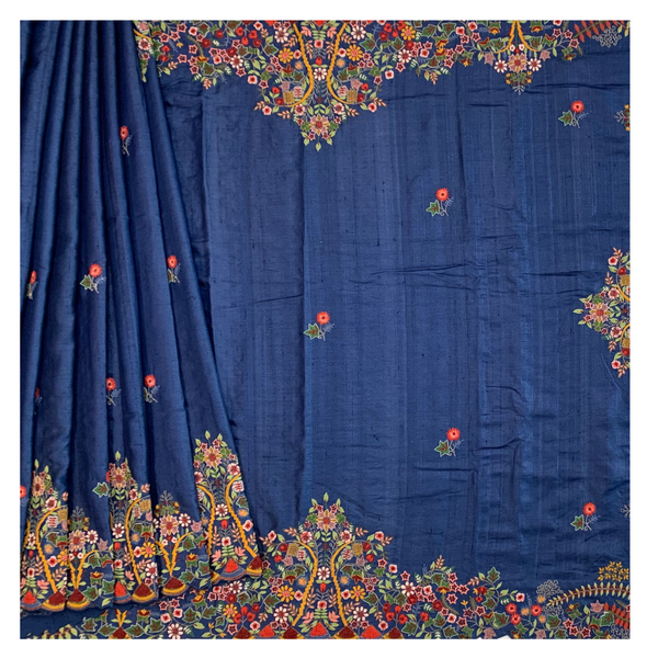 Blue Tussar Designer/embroidery Saree