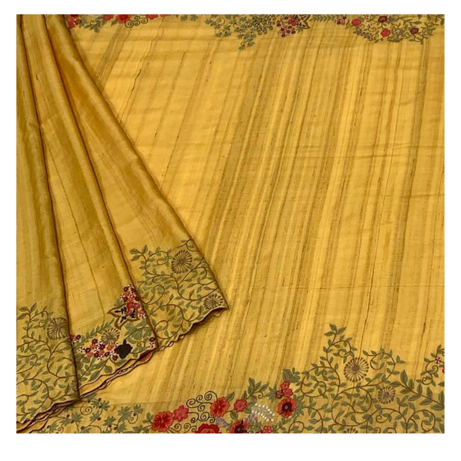 Yellow Embroidered Tussar/ Embroidery Saree