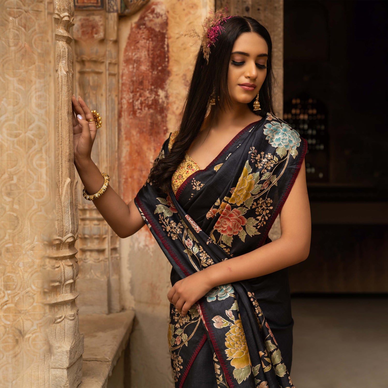 Black Hand Embroidered Tussar Silk Saree | Greenways Delhi